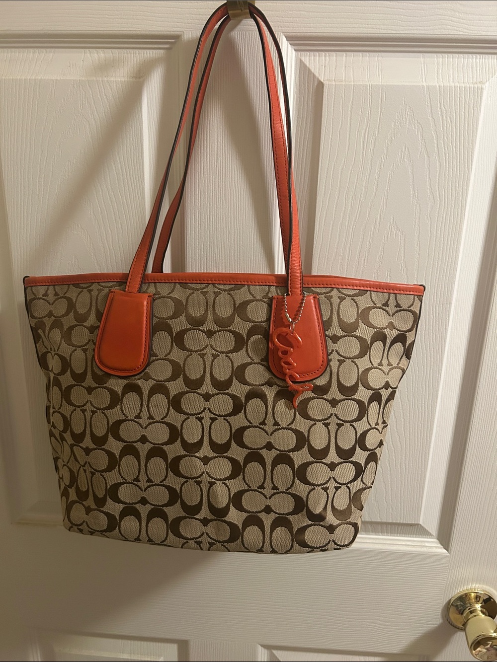 Coach Beige/Brown Signature Tote with Orange Trim - Picture 1 of 13